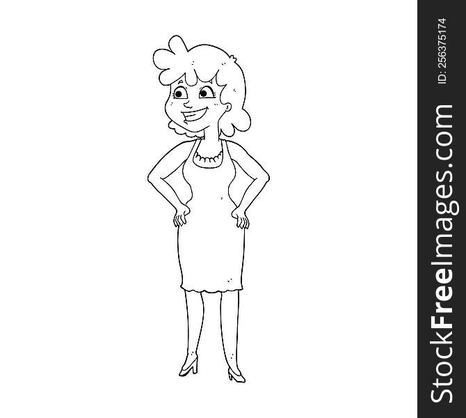 freehand drawn black and white cartoon happy woman wearing dress