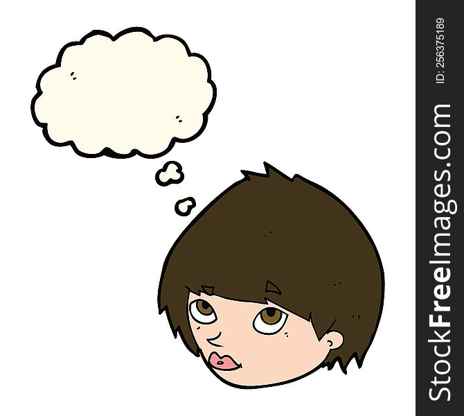 cartoon female face looking up with thought bubble