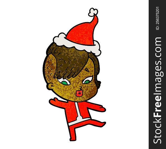 hand drawn textured cartoon of a surprised girl in science fiction clothes wearing santa hat
