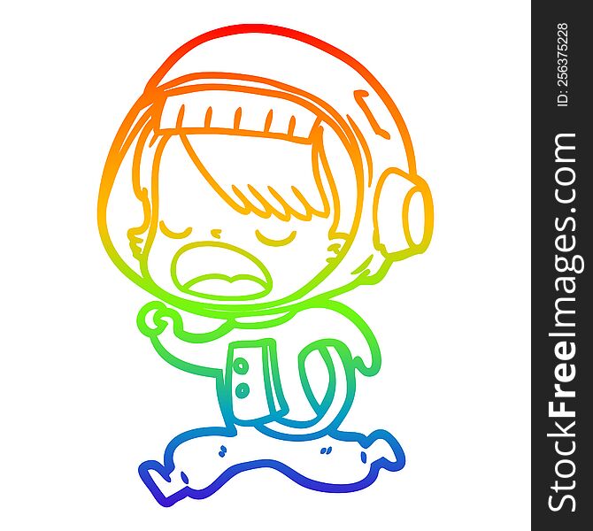 rainbow gradient line drawing of a cartoon astronaut woman running