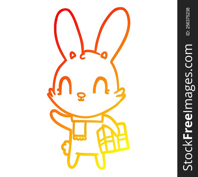 Warm Gradient Line Drawing Cute Cartoon Rabbit With Christmas Present