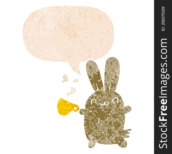 Cute Cartoon Rabbit Drinking Coffee And Speech Bubble In Retro Textured Style