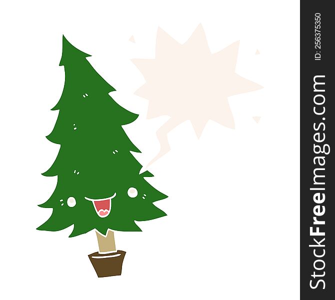 cute cartoon christmas tree and speech bubble in retro style