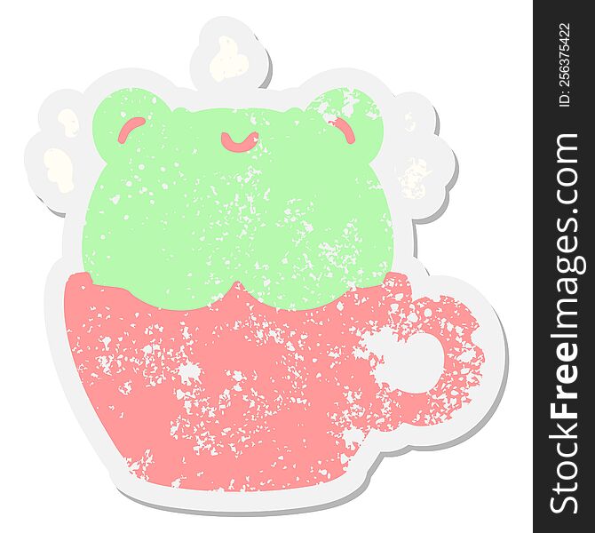 Cute Frog In Coffee Cup Grunge Sticker