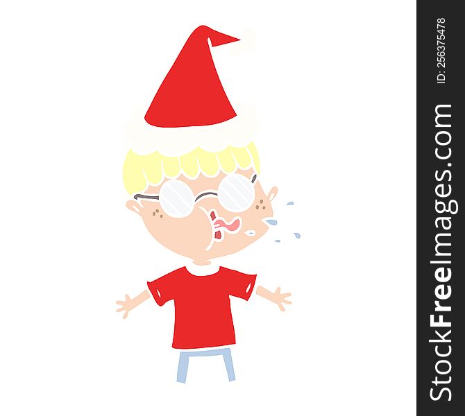 hand drawn flat color illustration of a boy wearing spectacles wearing santa hat