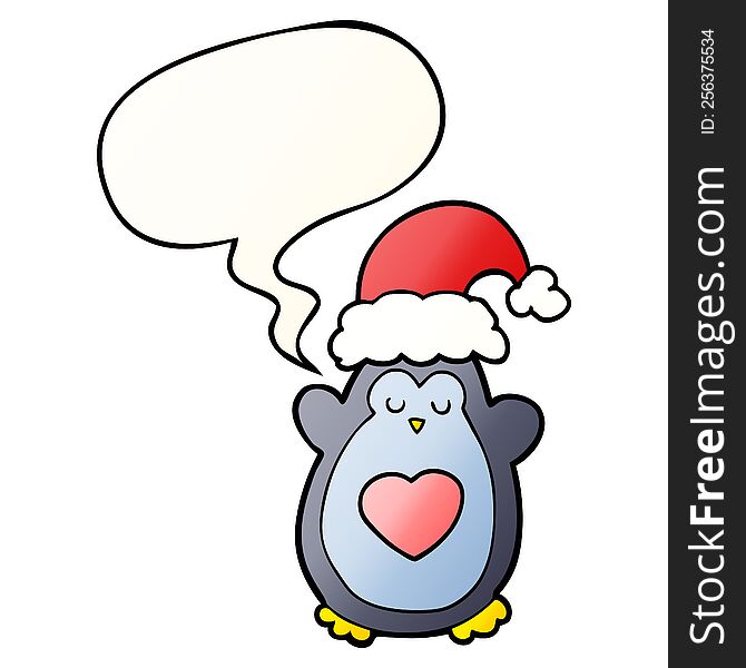 Cute Christmas Penguin And Speech Bubble In Smooth Gradient Style