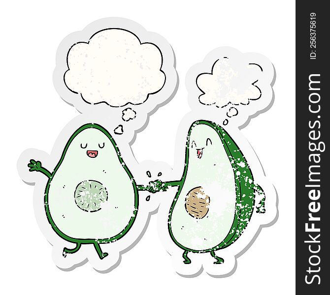 cartoon dancing avocados and thought bubble as a distressed worn sticker