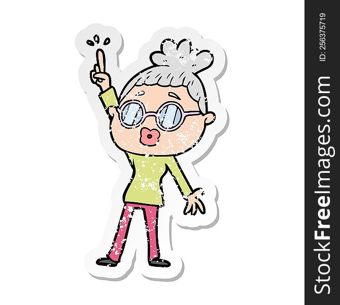 distressed sticker of a cartoon dancing woman wearing spectacles
