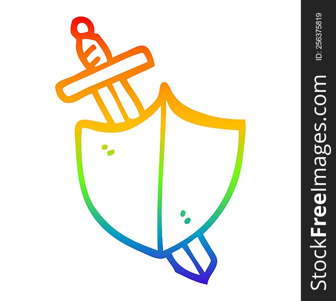 Rainbow Gradient Line Drawing Cartoon Sword And Shield