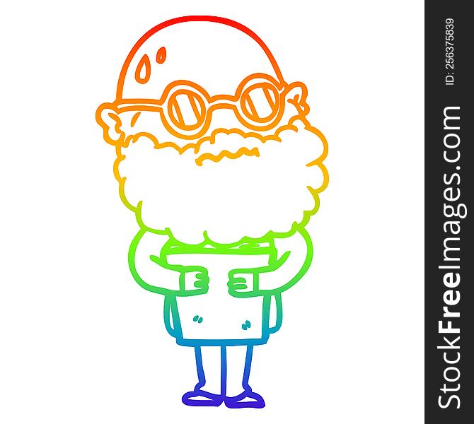Rainbow Gradient Line Drawing Cartoon Worried Man With Beard And Spectacles