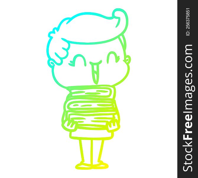 cold gradient line drawing of a cartoon laughing boy carrying books