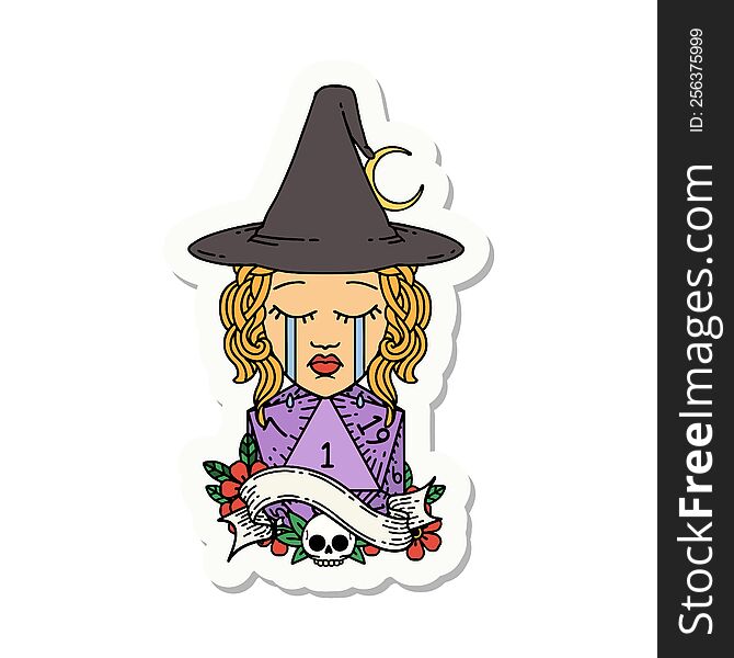 Crying Human Witch With Natural D20 Roll Sticker