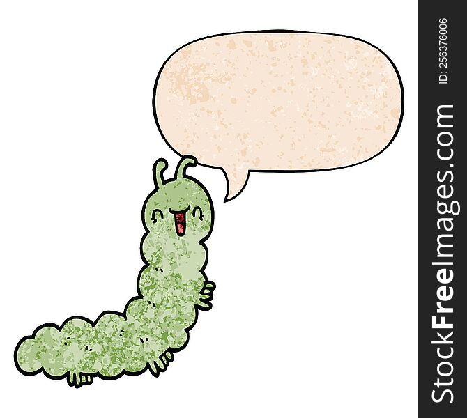 cartoon caterpillar and speech bubble in retro texture style