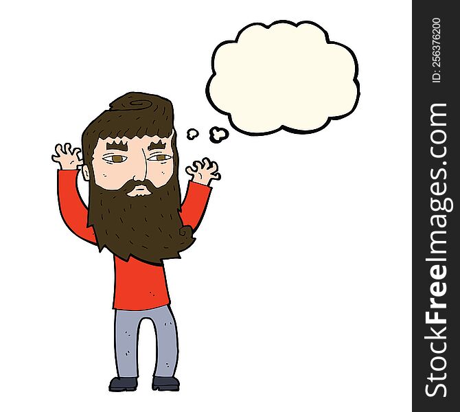 cartoon bearded man waving arms with thought bubble