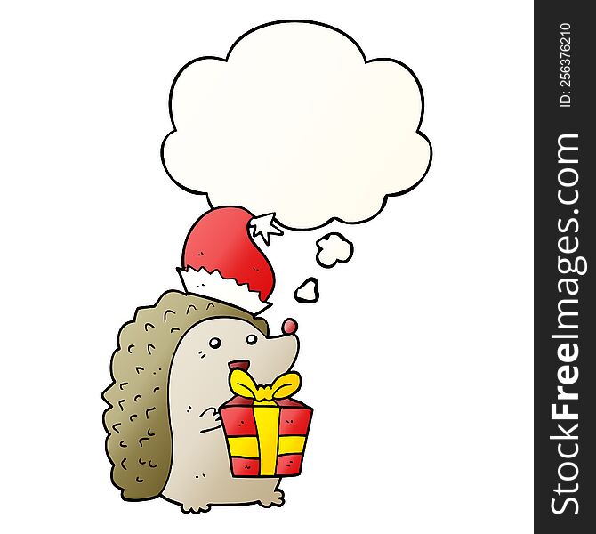 cartoon hedgehog wearing christmas hat with thought bubble in smooth gradient style