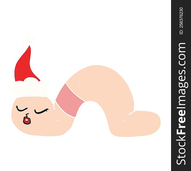 Flat Color Illustration Of A Worm Wearing Santa Hat