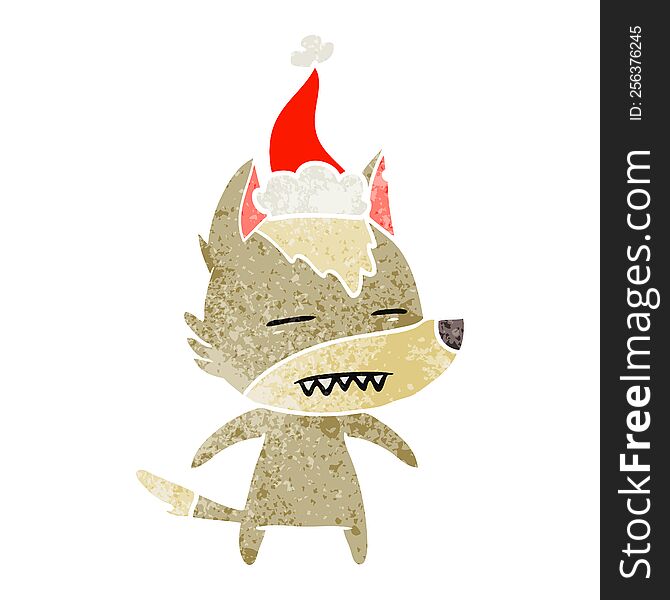 Retro Cartoon Of A Wolf Showing Teeth Wearing Santa Hat