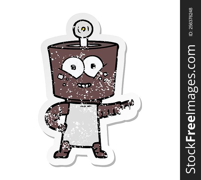 Distressed Sticker Of A Happy Cartoon Robot Pointing