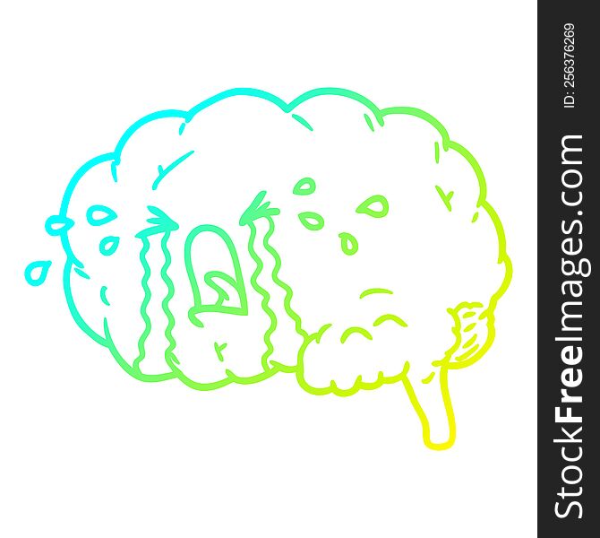 cold gradient line drawing of a cartoon brain crying