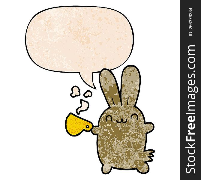 Cute Cartoon Rabbit Drinking Coffee And Speech Bubble In Retro Texture Style