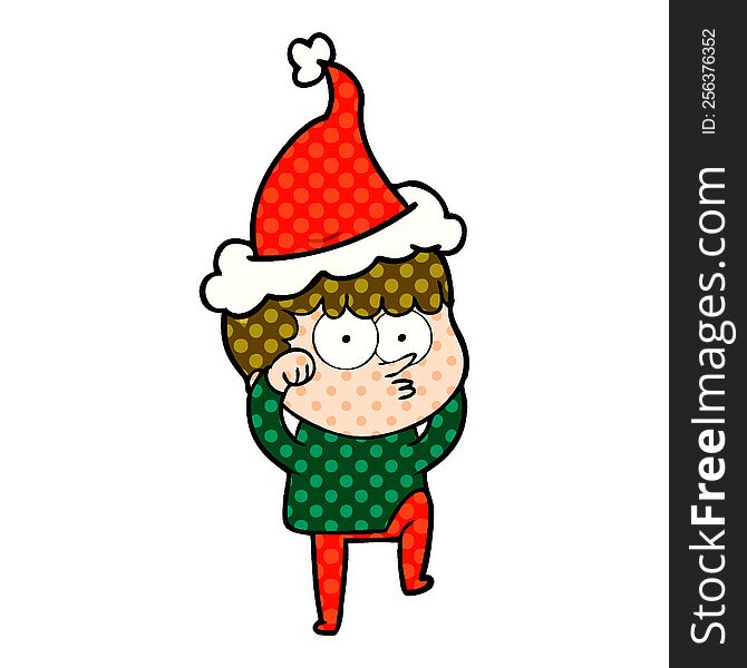 hand drawn comic book style illustration of a curious boy rubbing eyes in disbelief wearing santa hat