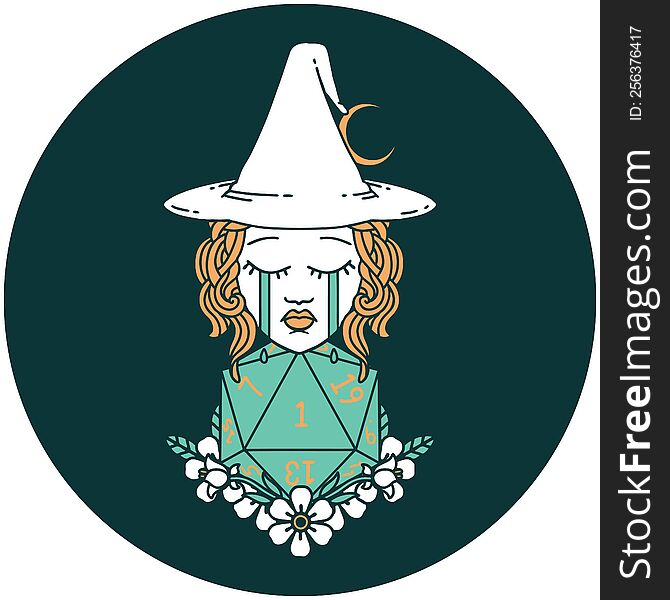 Crying Human Witch With Natural One D20 Dice Roll Icon