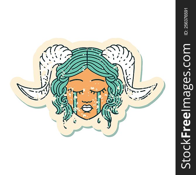 grunge sticker of a crying tiefling character face. grunge sticker of a crying tiefling character face