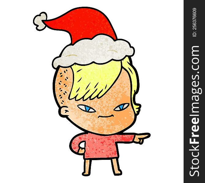 Cute Textured Cartoon Of A Girl With Hipster Haircut Wearing Santa Hat