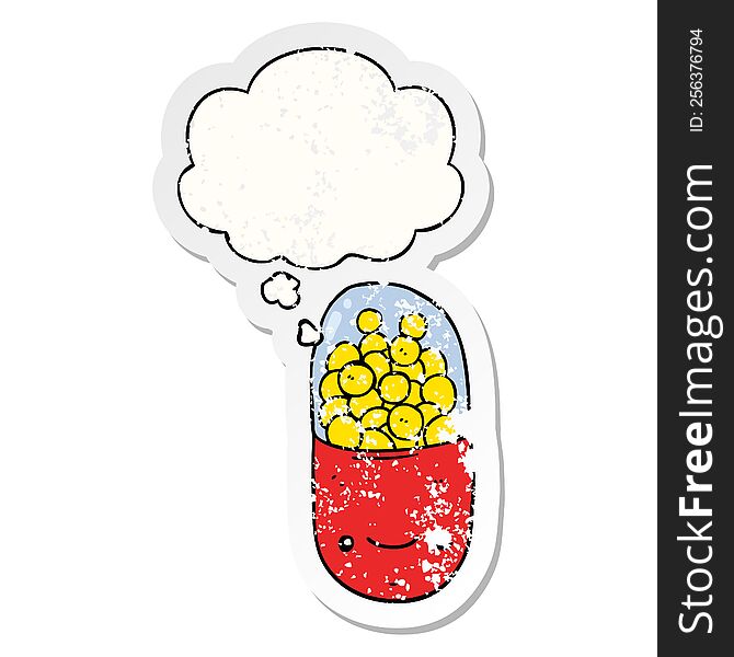 cartoon pill with thought bubble as a distressed worn sticker