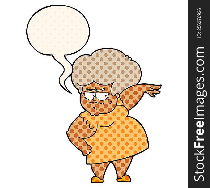 cartoon angry old woman with speech bubble in comic book style
