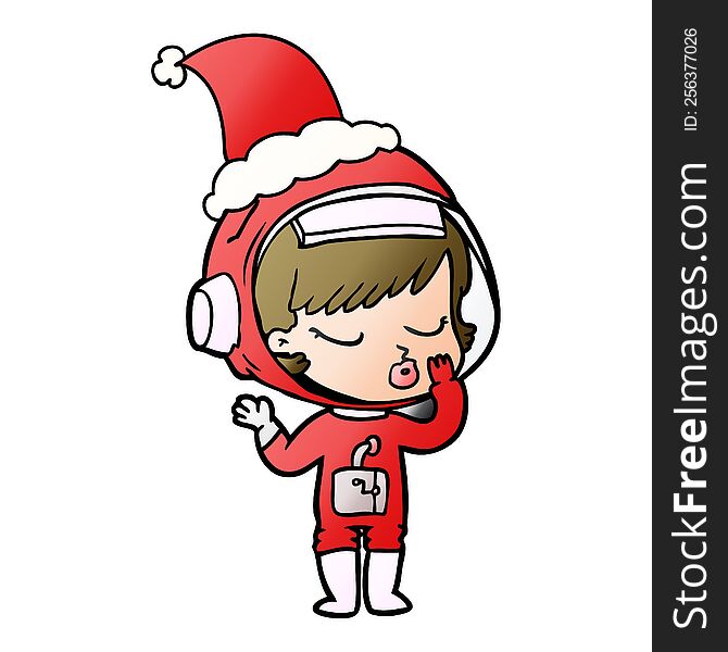 hand drawn gradient cartoon of a pretty astronaut girl wearing santa hat