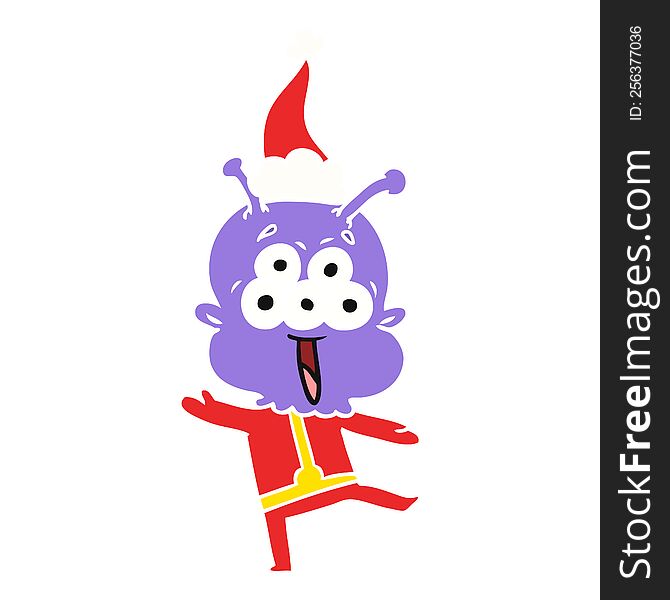 Happy Flat Color Illustration Of A Alien Dancing Wearing Santa Hat
