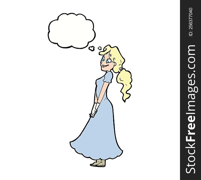 cartoon pretty woman in dress with thought bubble