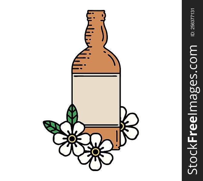 tattoo in traditional style of a rum bottle and flowers. tattoo in traditional style of a rum bottle and flowers
