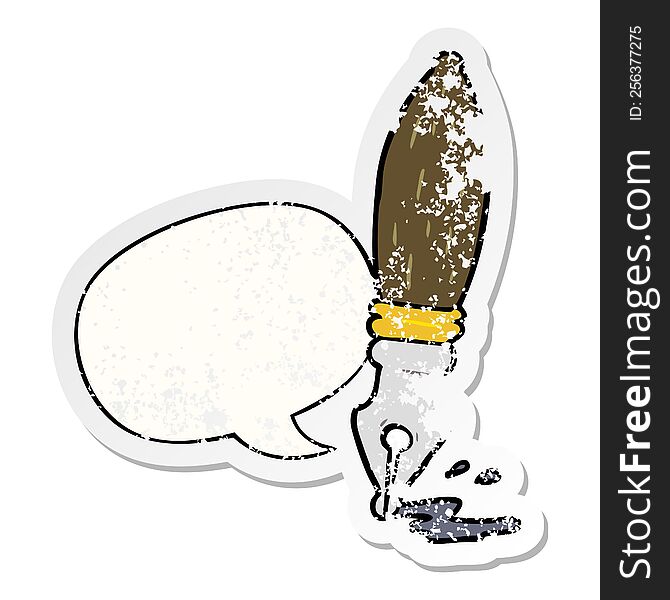 Cartoon Traditional Fountain Pen And Speech Bubble Distressed Sticker