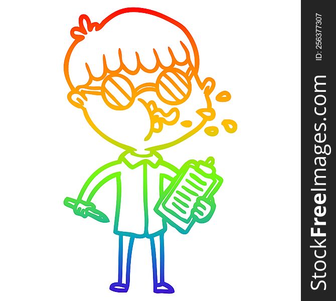 Rainbow Gradient Line Drawing Cartoon Boy Wearing Spectacles With Clip Board