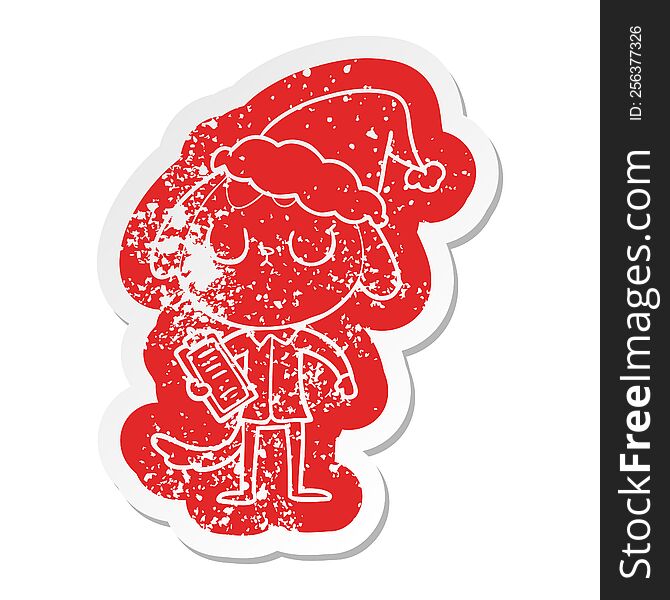 Cute Cartoon Distressed Sticker Of A Dog Wearing Office Shirt Wearing Santa Hat