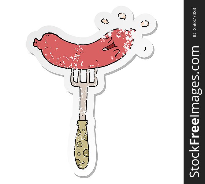 Distressed Sticker Of A Cartoon Happy Sausage On Fork