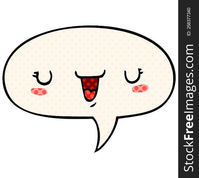 cute happy face cartoon and speech bubble in comic book style