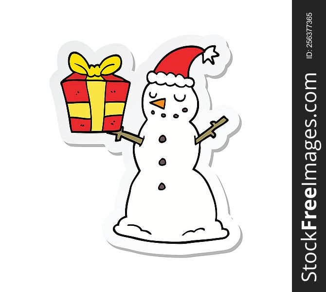 Sticker Of A Cartoon Snowman With Present