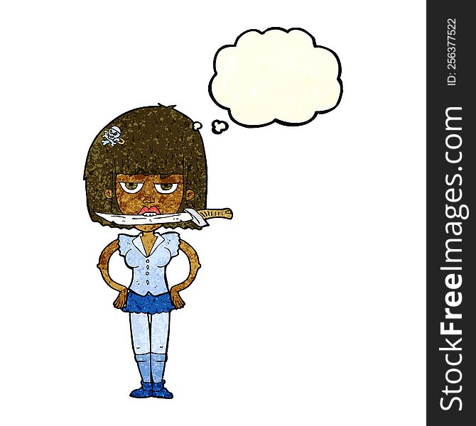 cartoon woman with knife between teeth with thought bubble