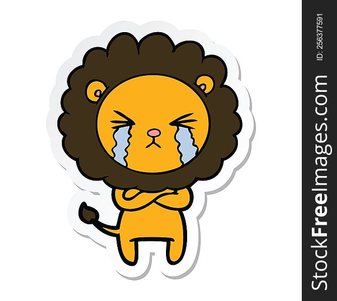 sticker of a cartoon crying lion with crossed arms