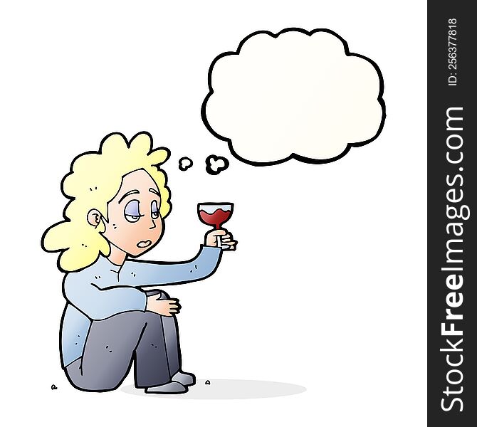 cartoon unhappy woman with glass of wine with thought bubble