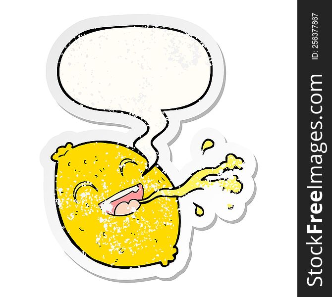 Cartoon Squirting Lemon And Speech Bubble Distressed Sticker