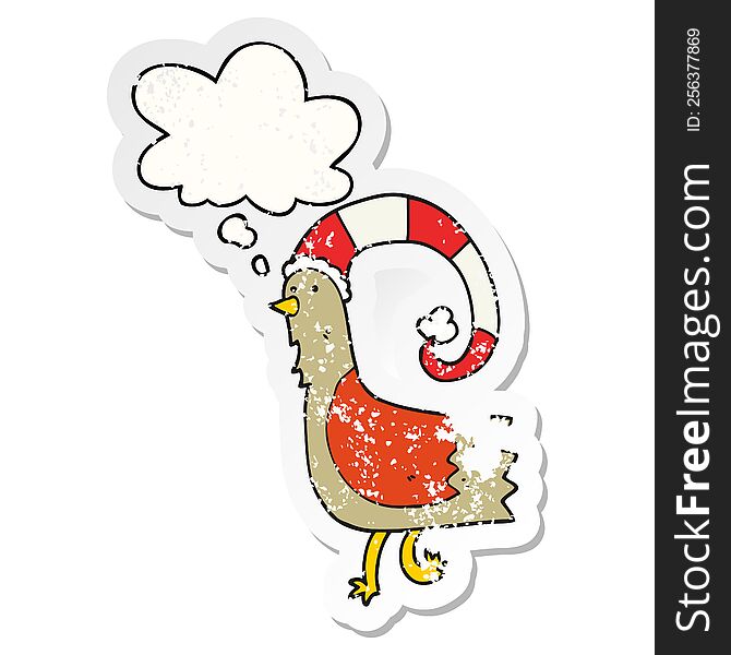 Cartoon Chicken In Funny Christmas Hat And Thought Bubble As A Distressed Worn Sticker