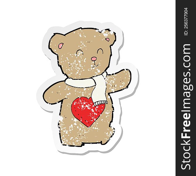 Retro Distressed Sticker Of A Cartoon Teddy Bear With Love Heart