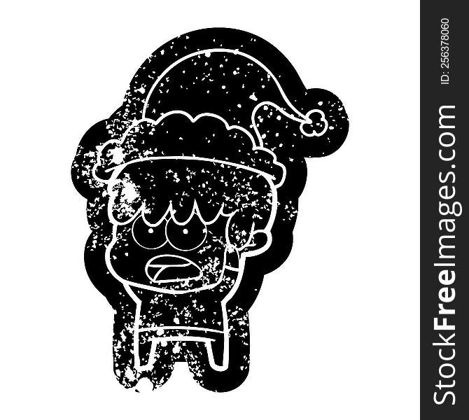 worried quirky cartoon distressed icon of a boy wearing santa hat