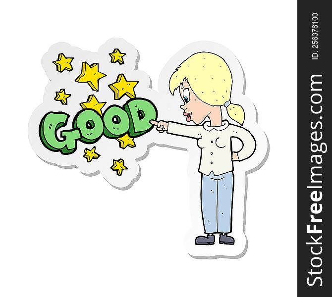 sticker of a cartoon woman pointing out the good