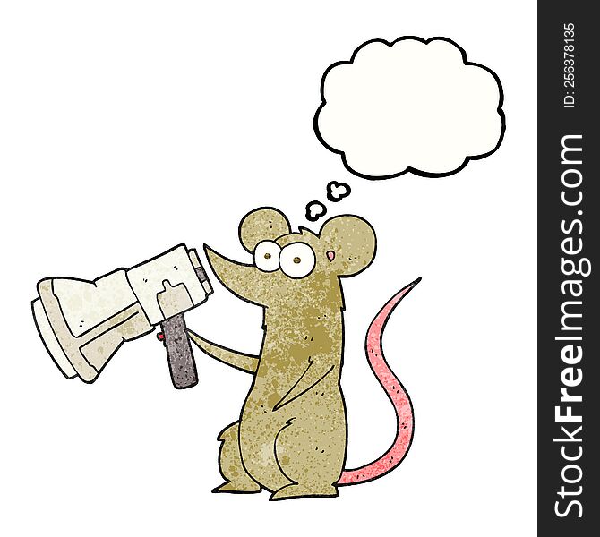 freehand drawn thought bubble textured cartoon mouse with megaphone