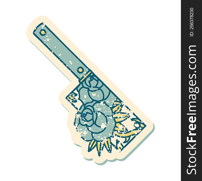 Distressed Sticker Tattoo Style Icon Of A Cleaver And Flowers
